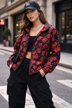 i5 Apparel Women's Black and Red Floral Rose Print Hooded Windbreaker Jacket